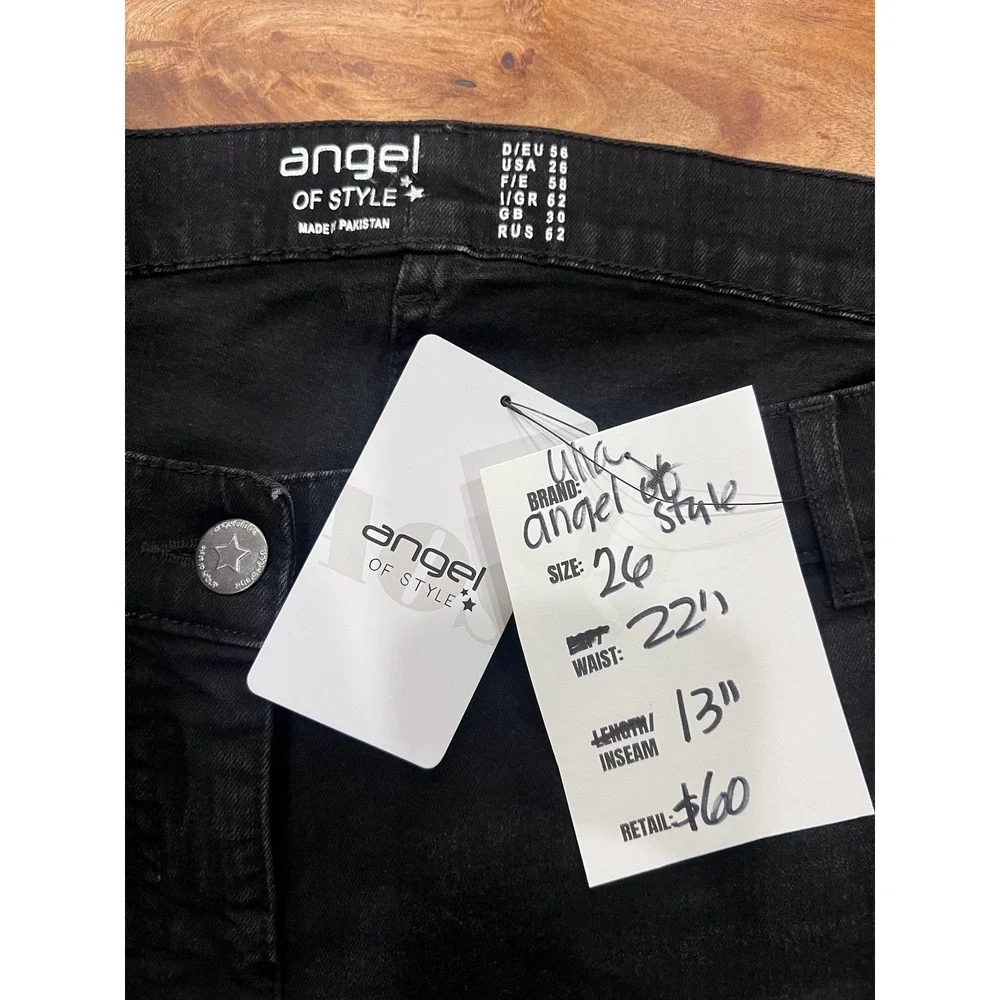 NWT Angel of Style‎ Black Graffiti Print Denim Bermuda Shorts Size 26 X123